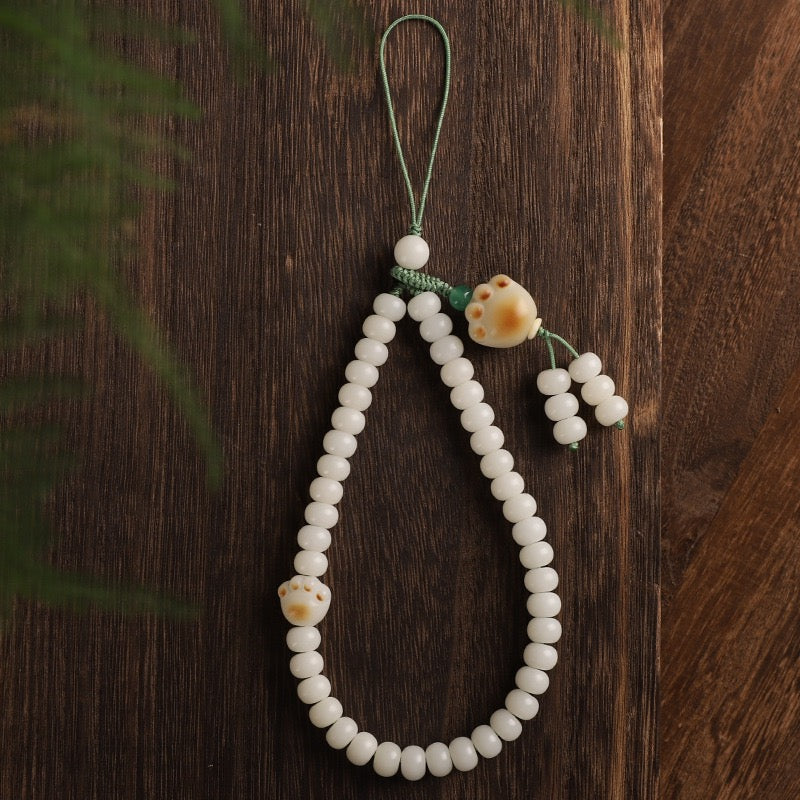 Chinese style white jade bodhi mobile phone chain-Hand carving