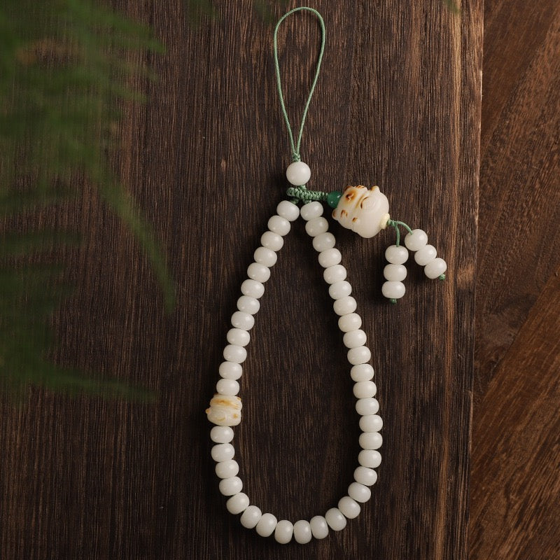 Chinese style white jade bodhi mobile phone chain-Hand carving