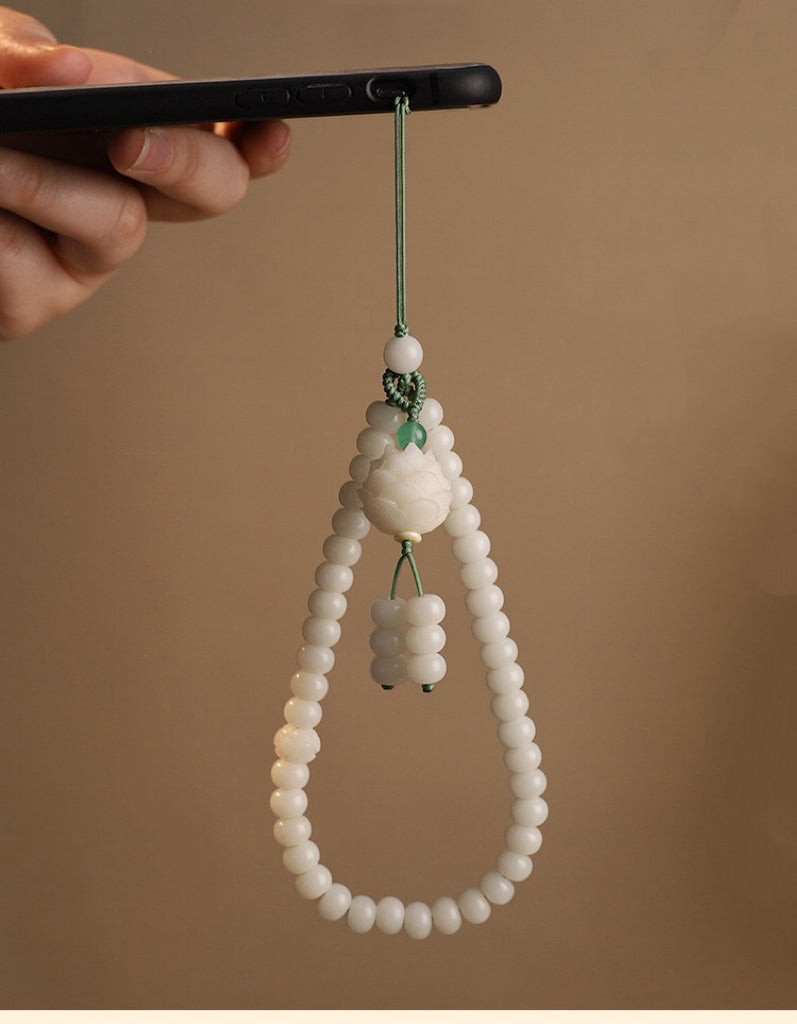 Chinese style white jade bodhi mobile phone chain-Hand carving