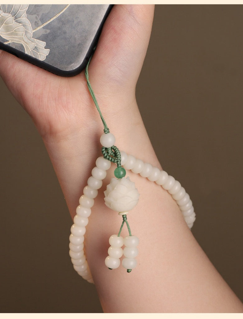 Chinese style white jade bodhi mobile phone chain-Hand carving