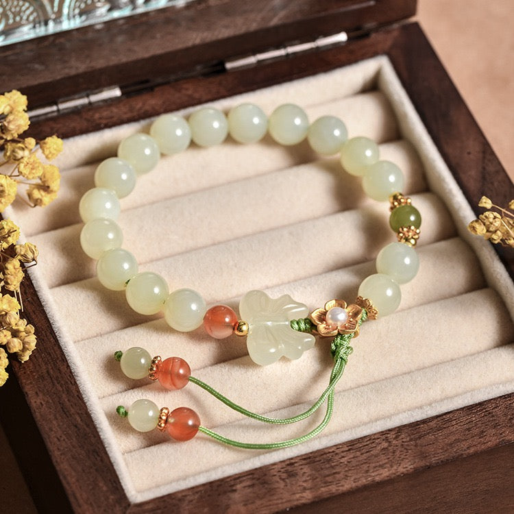 Natural Hetian Jade Hand String (flowers are silver, other metals are alloy)