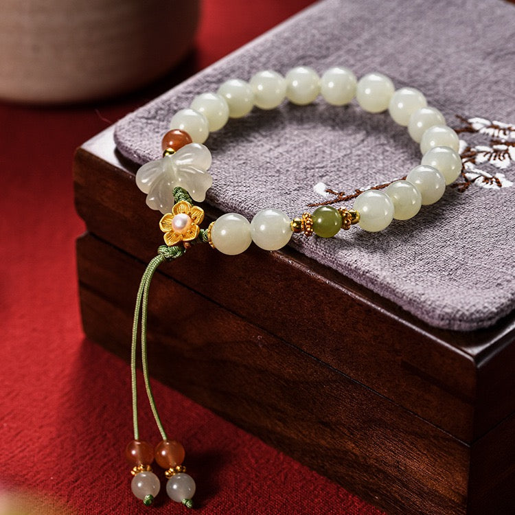 Natural Hetian Jade Hand String (flowers are silver, other metals are alloy)