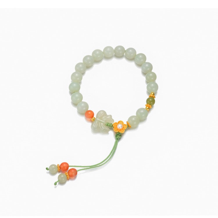 Natural Hetian Jade Hand String (flowers are silver, other metals are alloy)