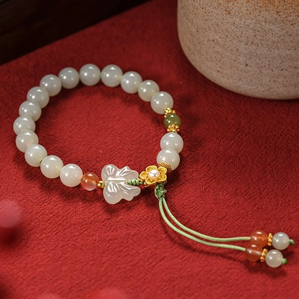 Natural Hetian Jade Hand String (flowers are silver, other metals are alloy)