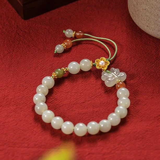 Natural Hetian Jade Hand String (flowers are silver, other metals are alloy)