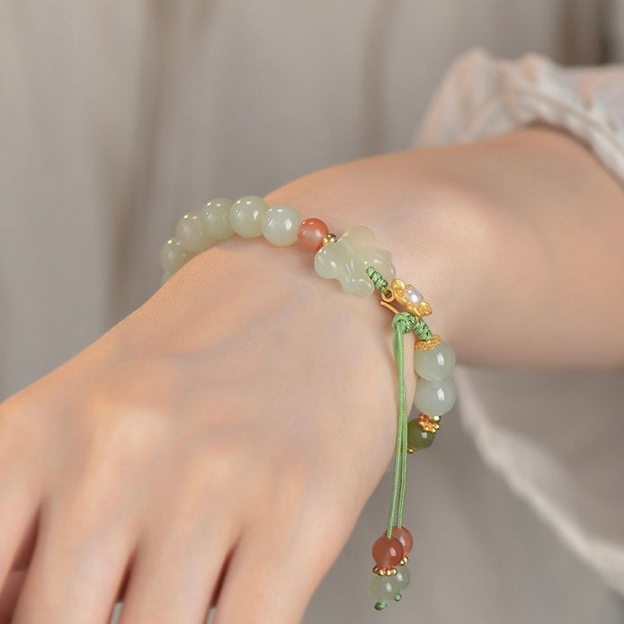 Natural Hetian Jade Hand String (flowers are silver, other metals are alloy)