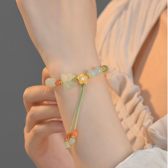 Natural Hetian Jade Hand String (flowers are silver, other metals are alloy)