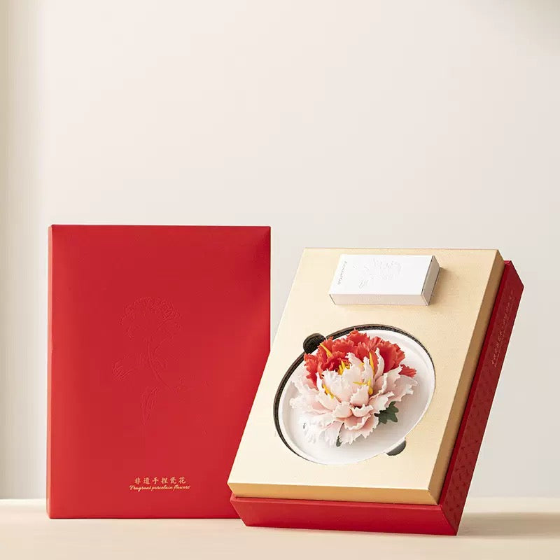 Intangible Cultural Heritage Hand-Sculpted Ceramic Flower Flameless Incense Diffuser, Two-Tone Peony Flower Ornament in Gift Box