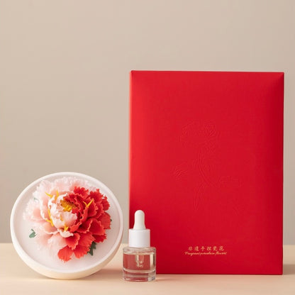 Intangible Cultural Heritage Hand-Sculpted Ceramic Flower Flameless Incense Diffuser, Two-Tone Peony Flower Ornament in Gift Box