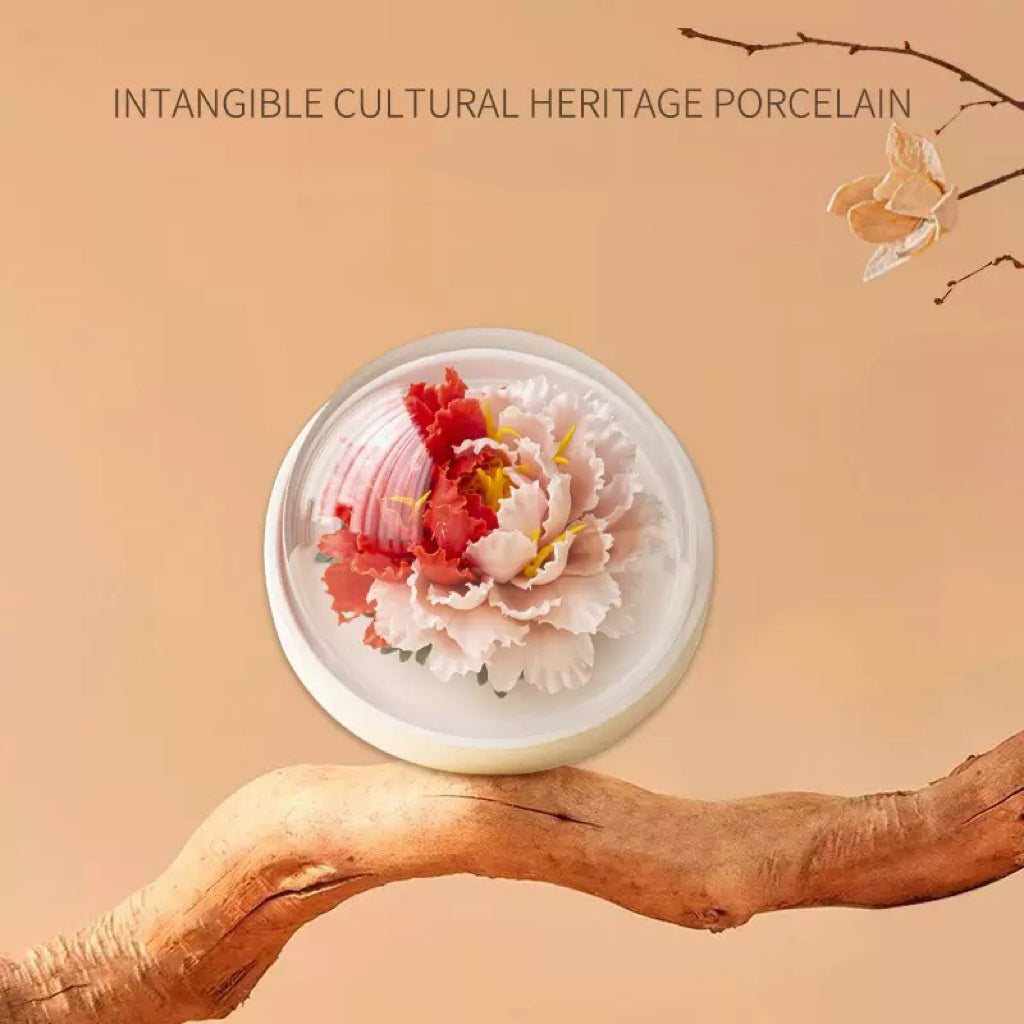 Intangible Cultural Heritage Hand-Sculpted Ceramic Flower Flameless Incense Diffuser, Two-Tone Peony Flower Ornament in Gift Box