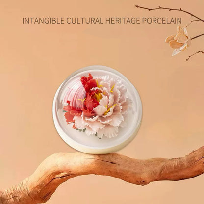 Intangible Cultural Heritage Hand-Sculpted Ceramic Flower Flameless Incense Diffuser, Two-Tone Peony Flower Ornament in Gift Box