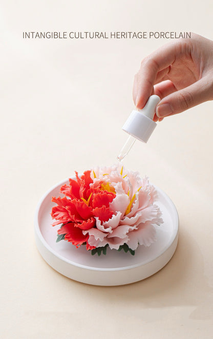 Intangible Cultural Heritage Hand-Sculpted Ceramic Flower Flameless Incense Diffuser, Two-Tone Peony Flower Ornament in Gift Box