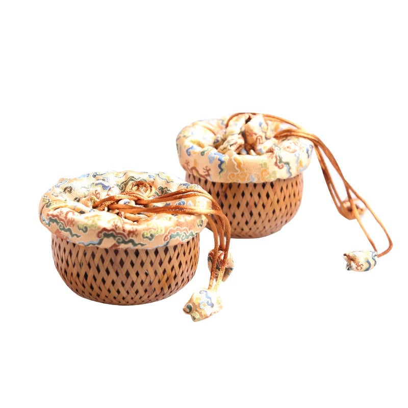 Handcrafted Bamboo Woven Tea Ceremony Set with Song Brocade-Inspired Vintage Storage Bag and Portable Tea Accessories