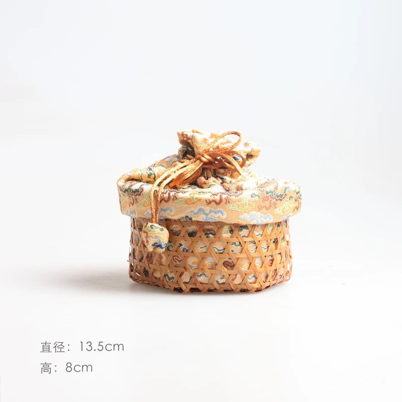Handcrafted Bamboo Woven Tea Ceremony Set with Song Brocade-Inspired Vintage Storage Bag and Portable Tea Accessories