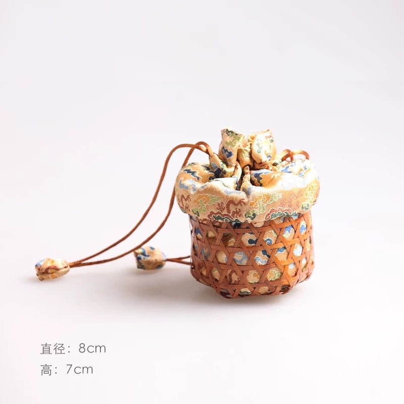 Handcrafted Bamboo Woven Tea Ceremony Set with Song Brocade-Inspired Vintage Storage Bag and Portable Tea Accessories