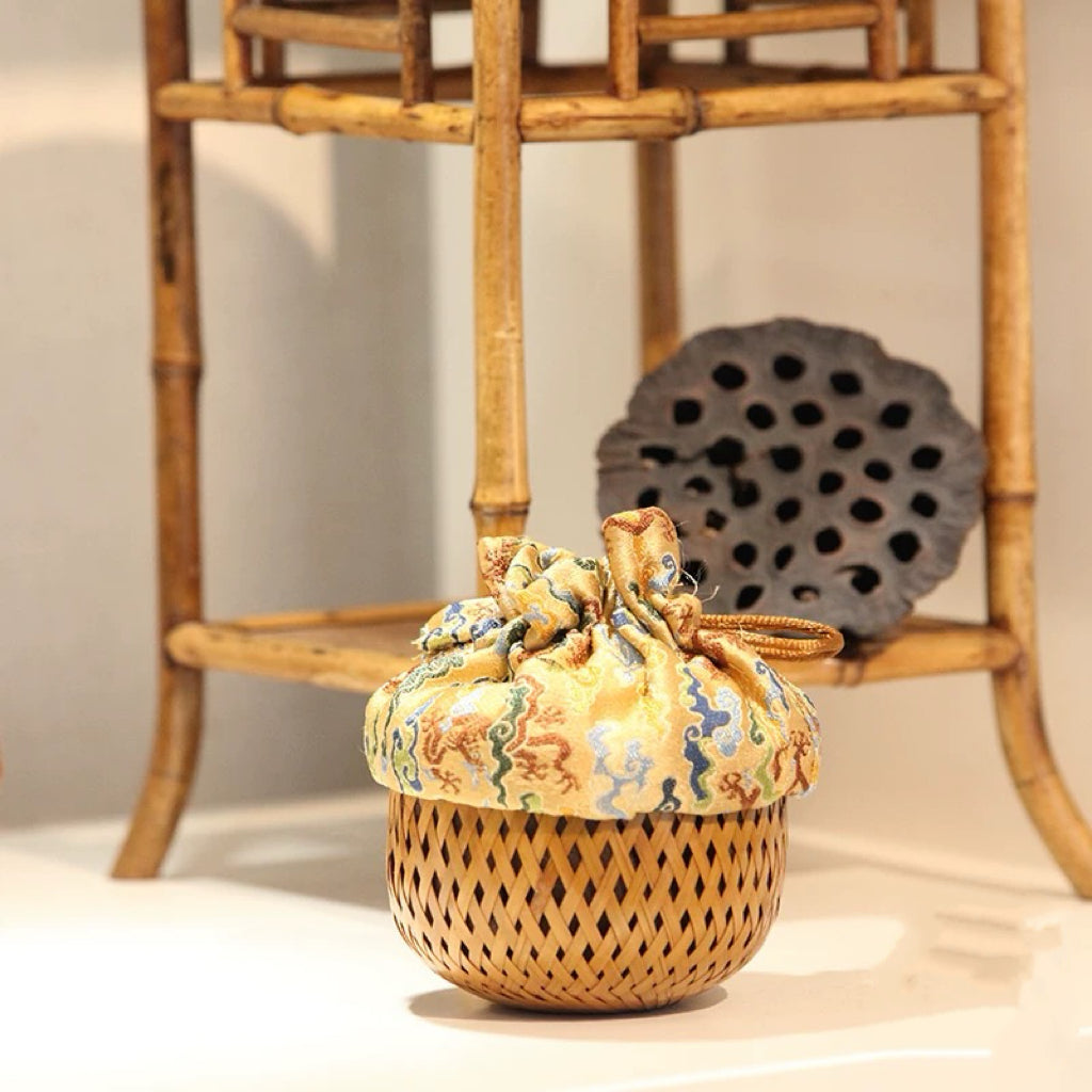 Handcrafted Bamboo Woven Tea Ceremony Set with Song Brocade-Inspired Vintage Storage Bag and Portable Tea Accessories