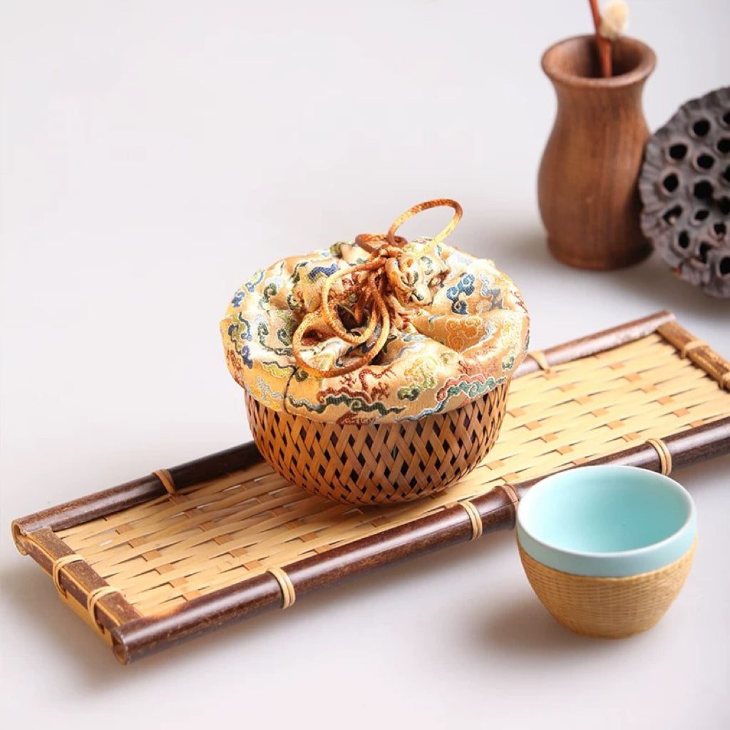 Handcrafted Bamboo Woven Tea Ceremony Set with Song Brocade-Inspired Vintage Storage Bag and Portable Tea Accessories