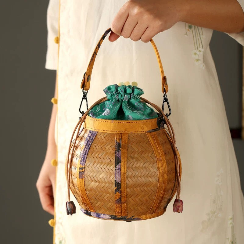 Handmade Bamboo Woven Bag with Gambiered Canton Gauze