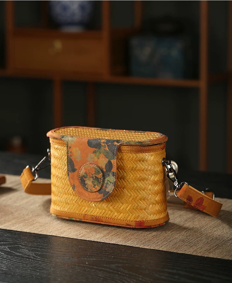 Handmade Bamboo Woven Bag with Gambiered Canton Gauze