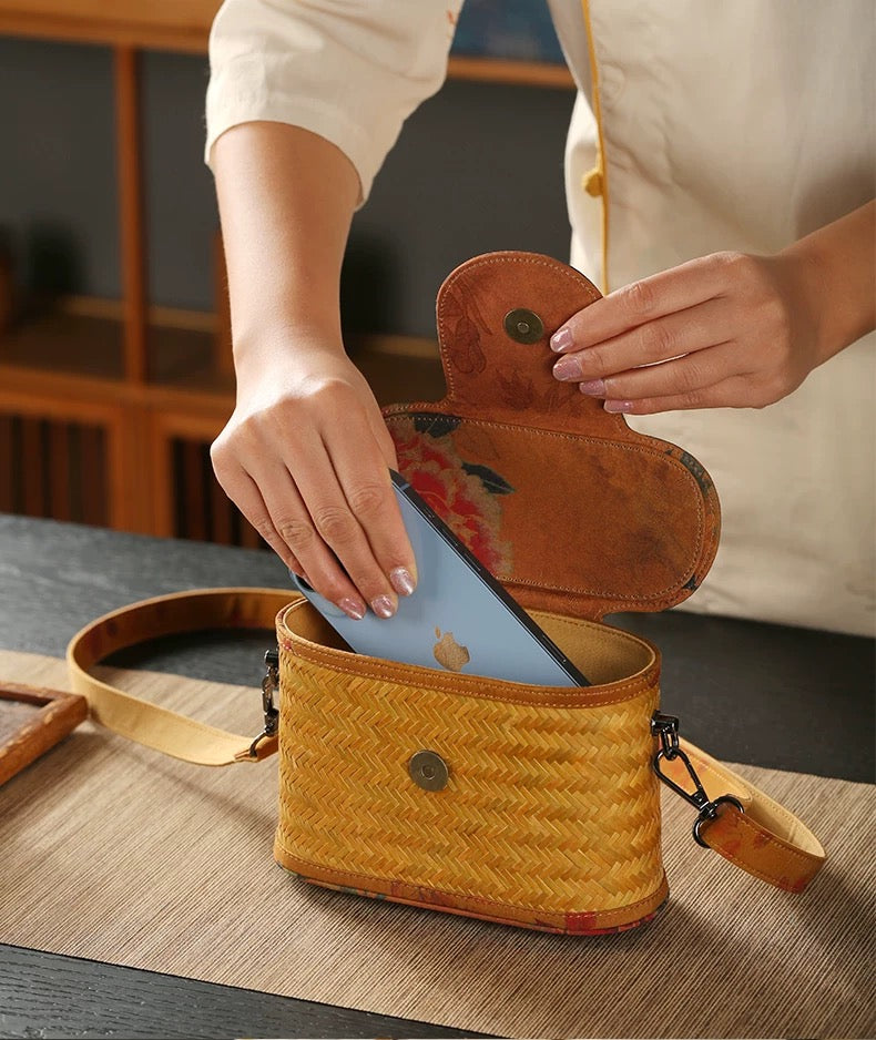 Handmade Bamboo Woven Bag with Gambiered Canton Gauze