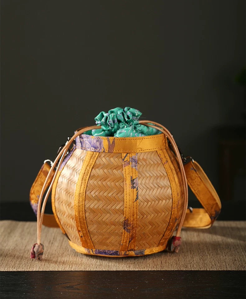 Handmade Bamboo Woven Bag with Gambiered Canton Gauze