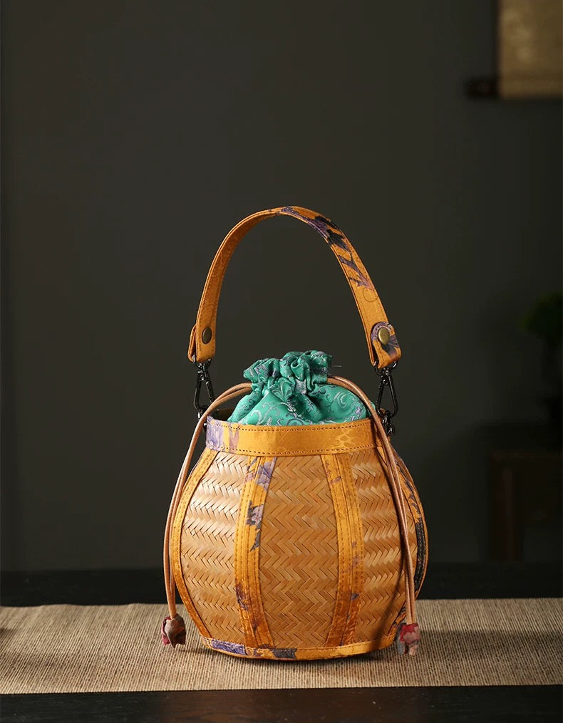 Handmade Bamboo Woven Bag with Gambiered Canton Gauze