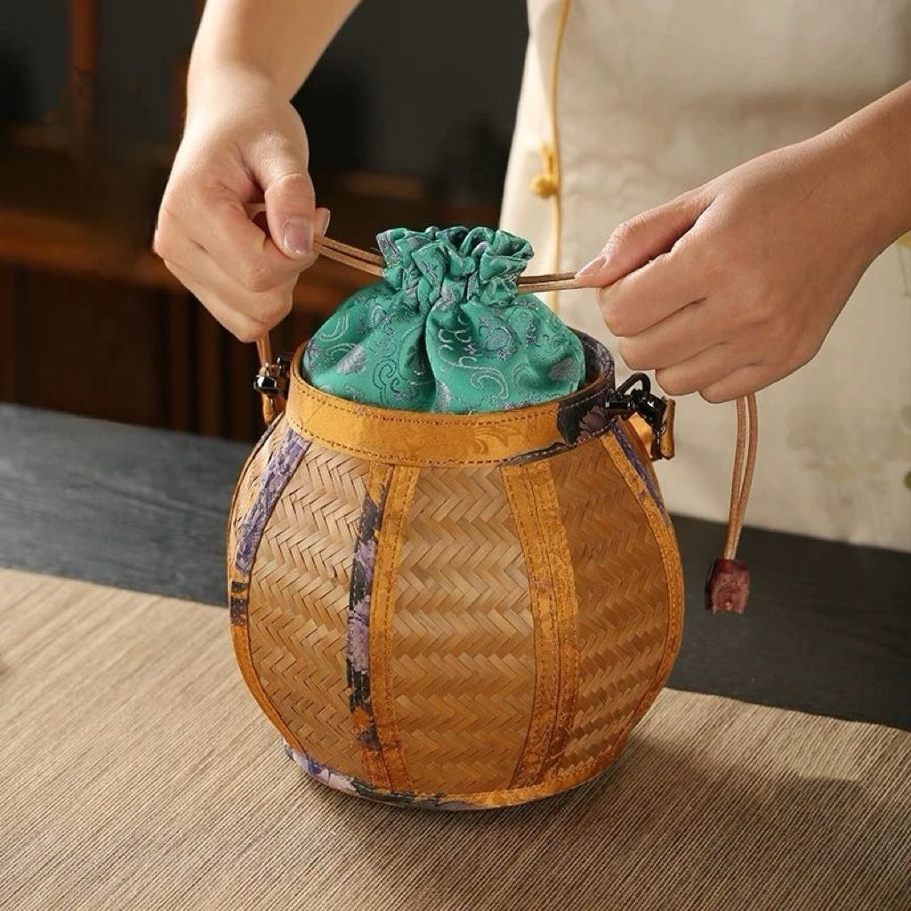 Handmade Bamboo Woven Bag with Gambiered Canton Gauze
