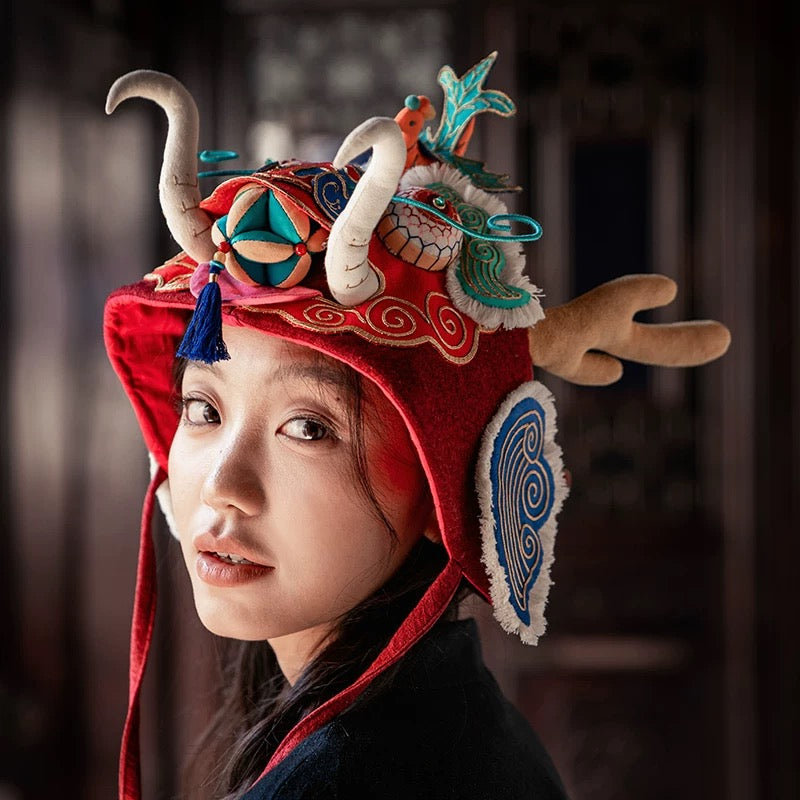 High-End Handcrafted Embroidered Dragon Head Hat-Same design as the British Museum's