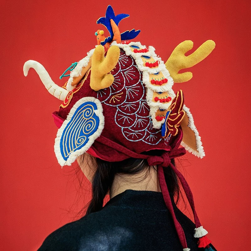 High-End Handcrafted Embroidered Dragon Head Hat-Same design as the British Museum's