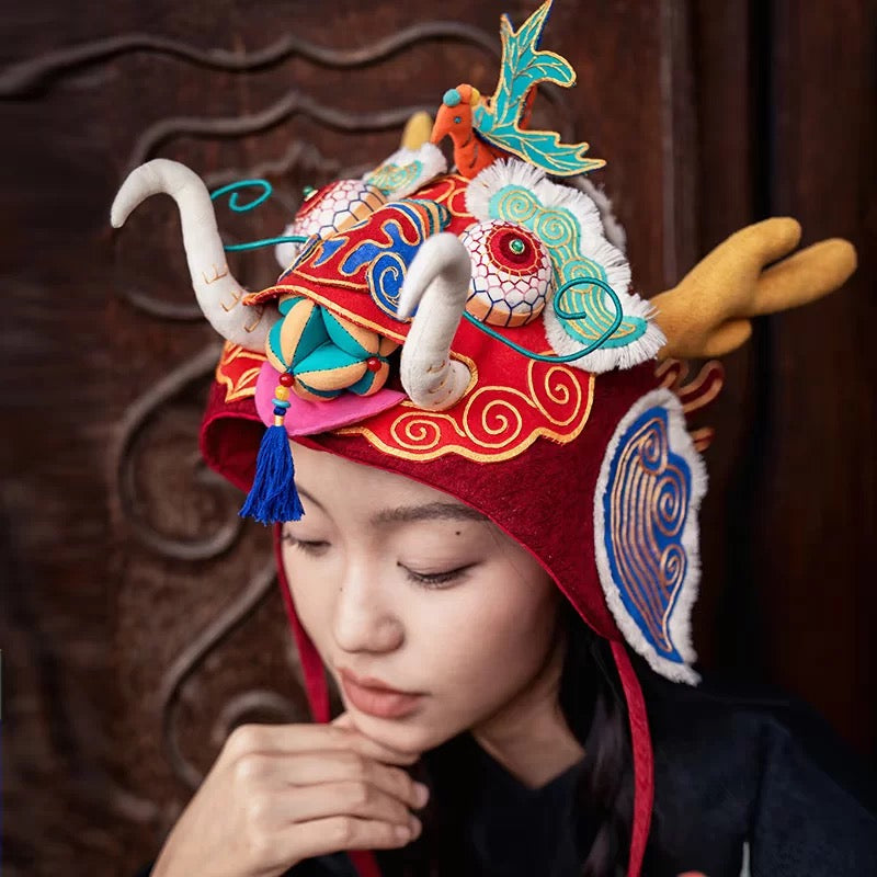High-End Handcrafted Embroidered Dragon Head Hat-Same design as the British Museum's