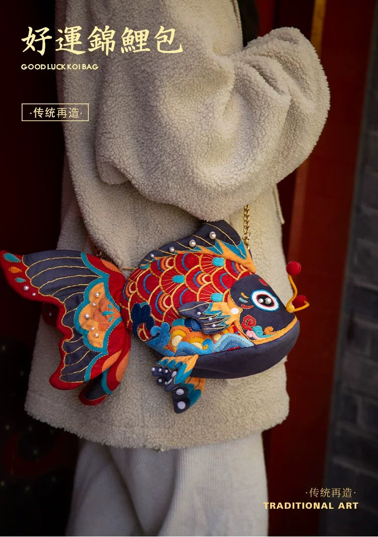 Hand Embroidery Material Kit – Chinese Koi Crossbody Bag