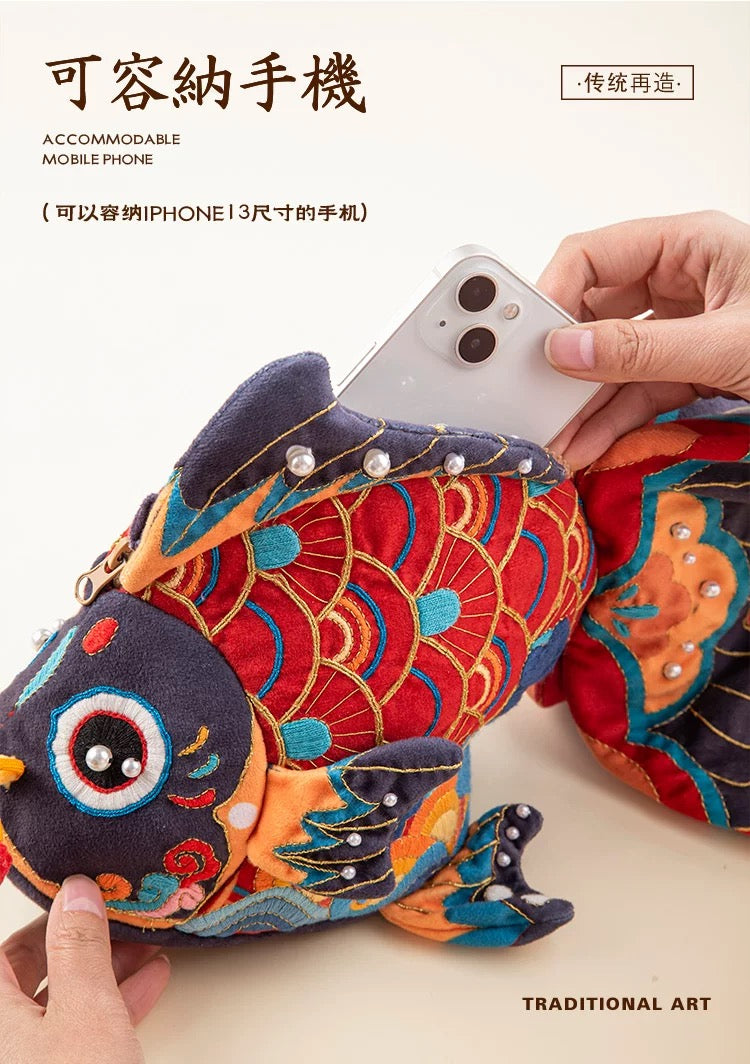 Hand Embroidery Material Kit – Chinese Koi Crossbody Bag