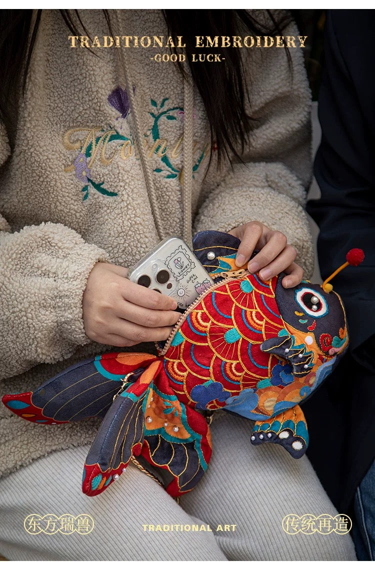 Hand Embroidery Material Kit – Chinese Koi Crossbody Bag