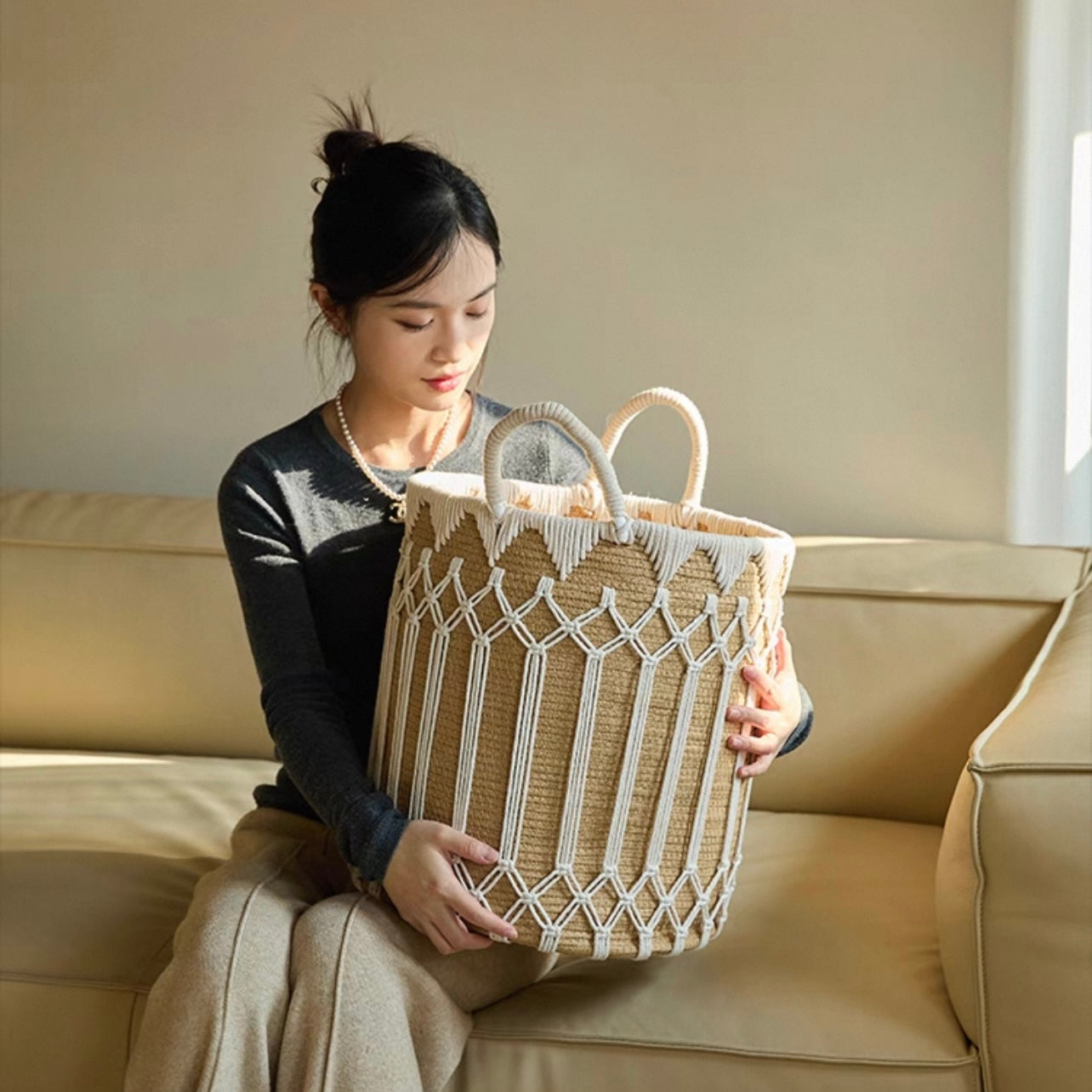 Handwoven rope basket