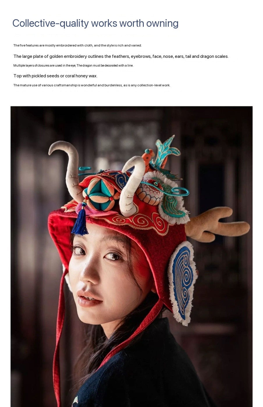 High-End Handcrafted Embroidered Dragon Head Hat-Same design as the British Museum's